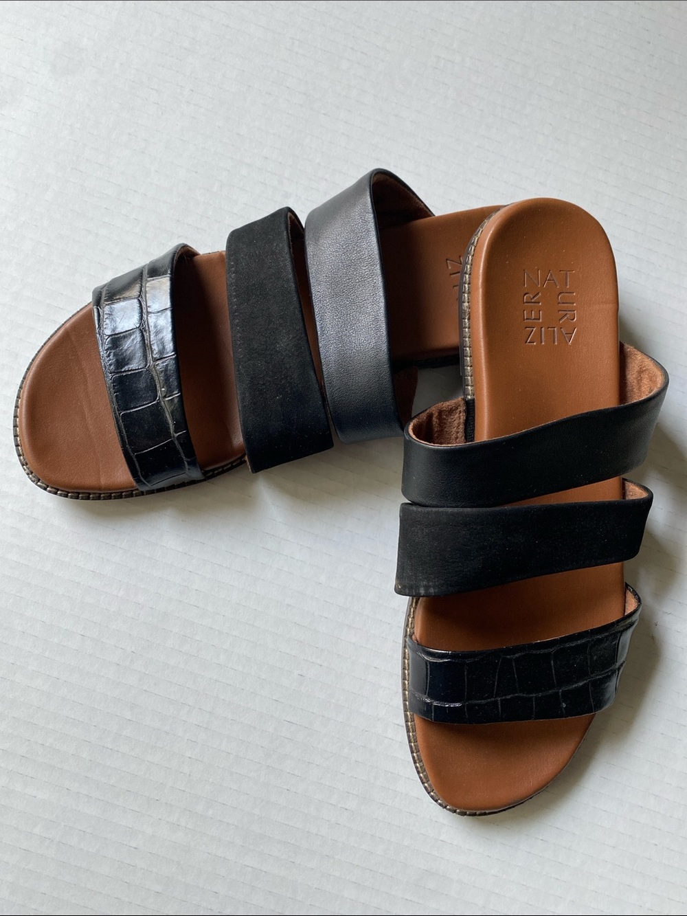 Naturalizer Black Triple-Strap Mixed-Texture Slide Sandals